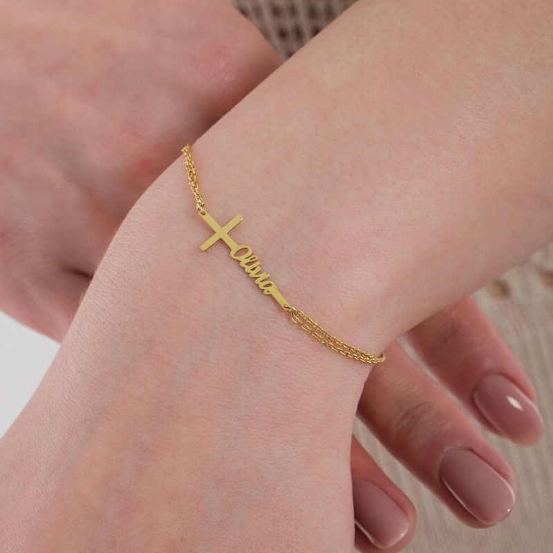 Cross Pendant Necklace Gold - Personalizowana bransoletka z imieniem na chrzest,