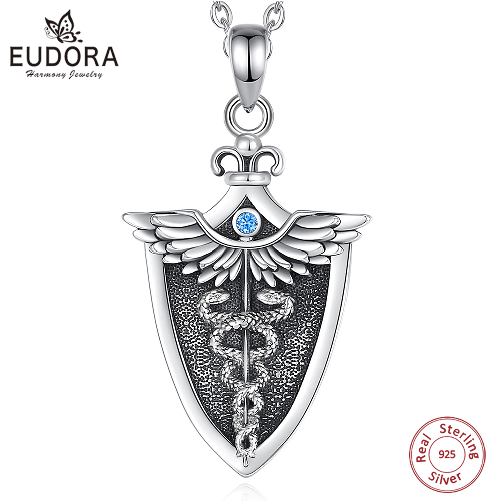 925 Sterling Silver Chain Necklace Men - Eudora oryginalny 925 srebro naszyjnik Caduceus