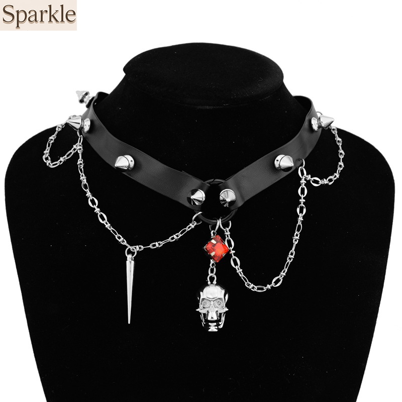 Goth Punk Spike Choker - Ciemny skórzany choker z czaszką, wytrzymały