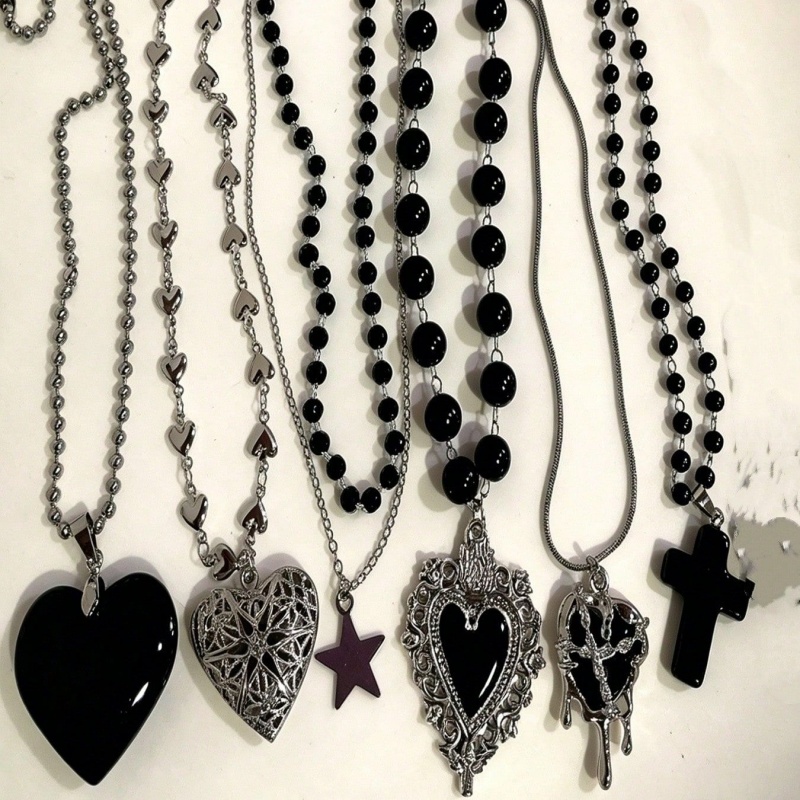 Layered Pendant Necklace Aesthetic - 6-częściowy zestaw gotyckich naszyjników warstwowych, czarny,